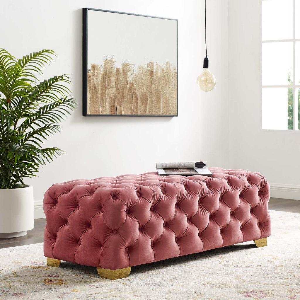 Sensible Button Tufted Performance Velvet Bench in Dusty Rose