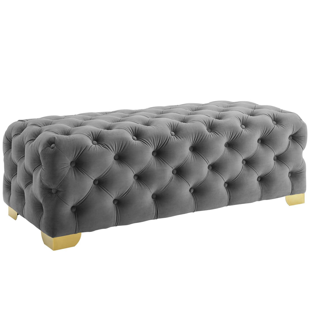 Sensible Button Tufted Performance Velvet Bench in Gray