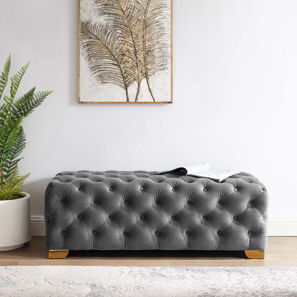 Sensible Button Tufted Performance Velvet Bench in Gray