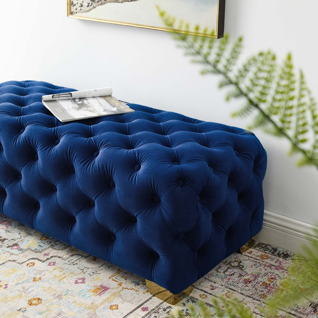 Sensible Button Tufted Performance Velvet Bench in Navy