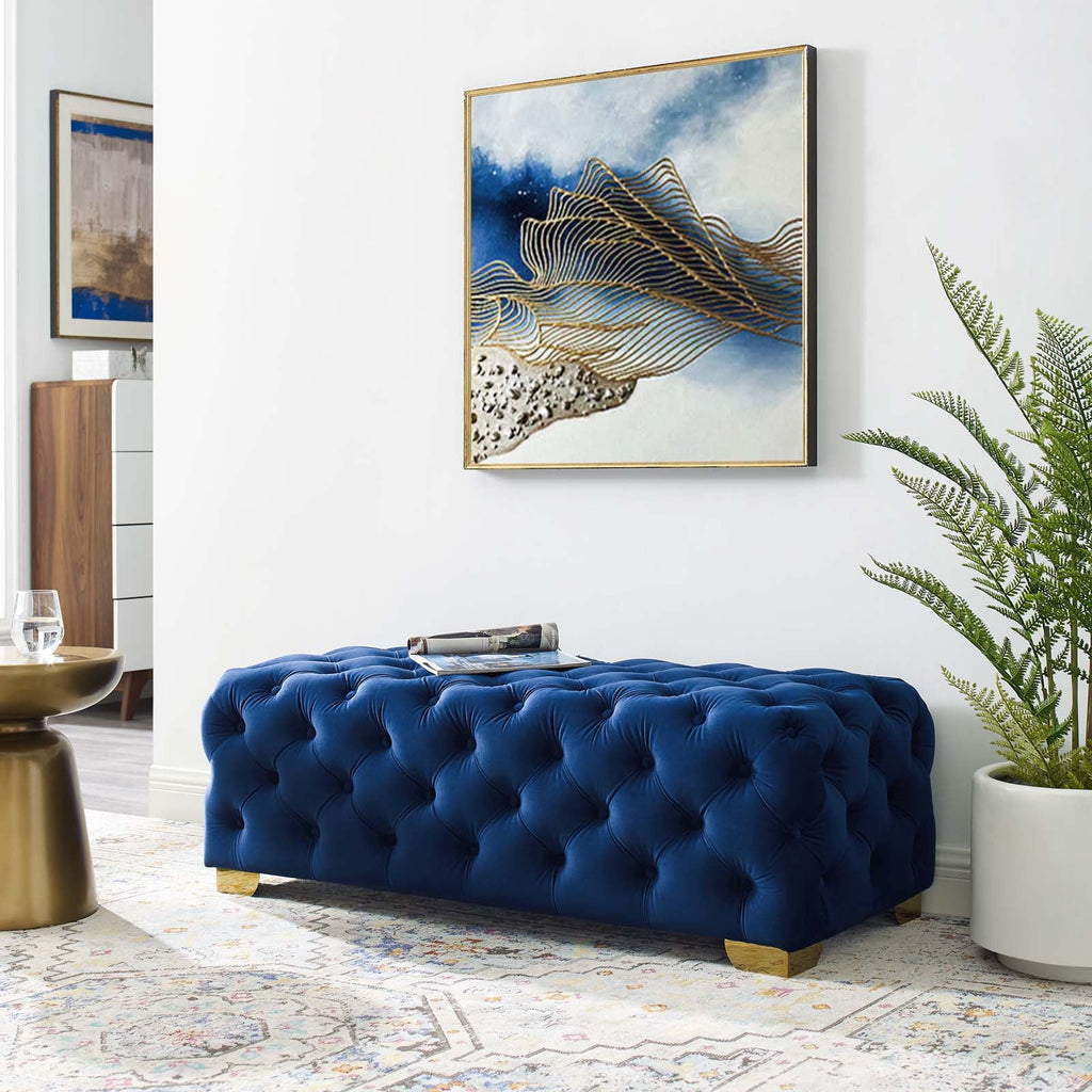 Sensible Button Tufted Performance Velvet Bench in Navy