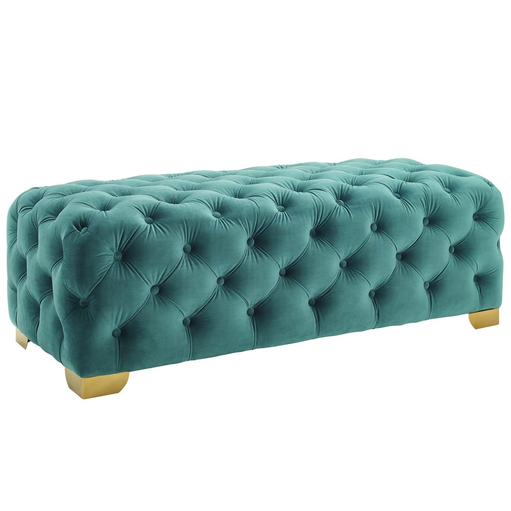 Sensible Button Tufted Performance Velvet Bench in Teal