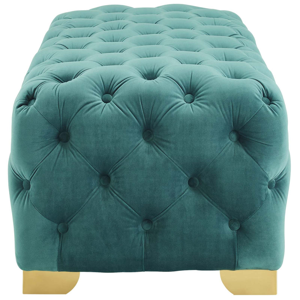 Sensible Button Tufted Performance Velvet Bench in Teal