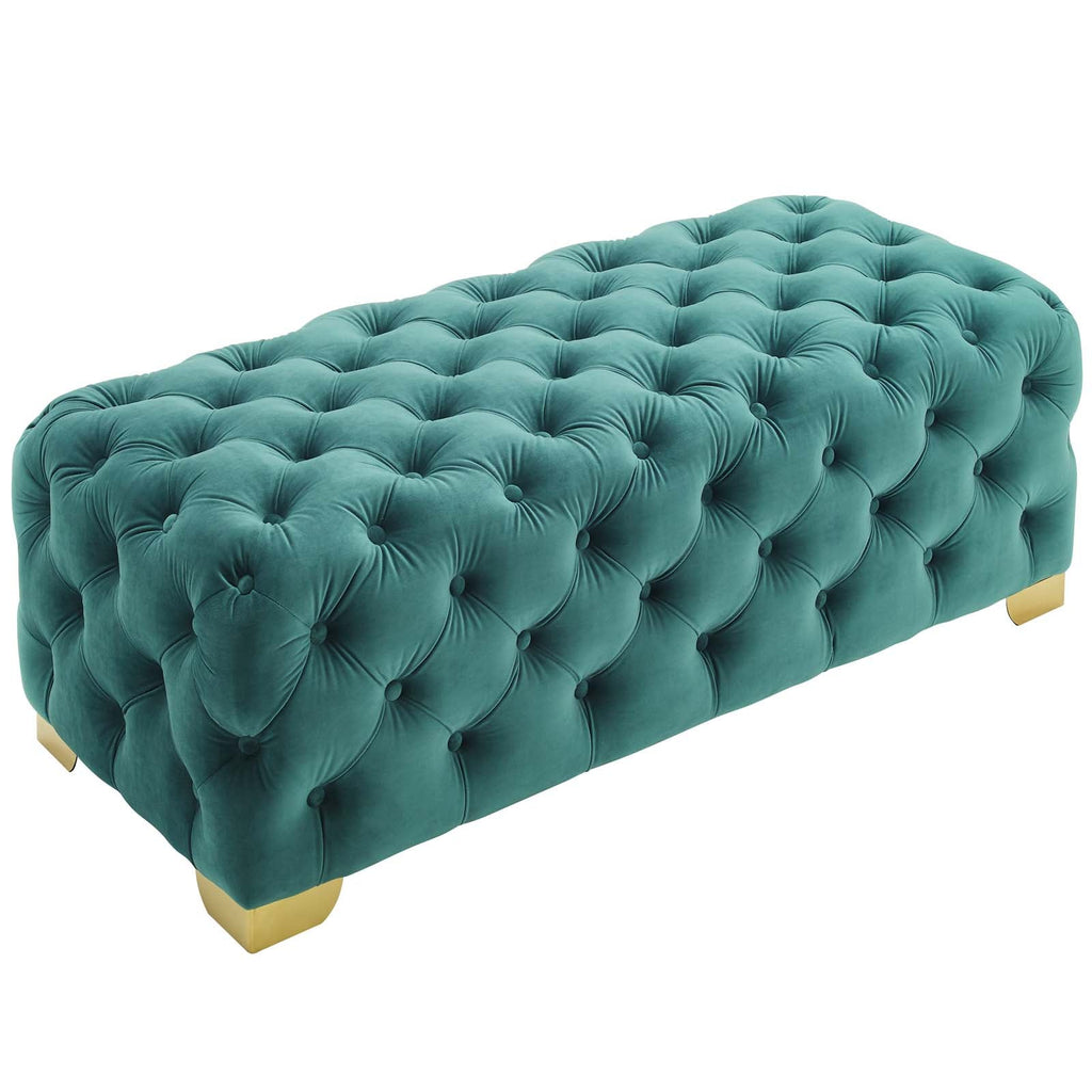 Sensible Button Tufted Performance Velvet Bench in Teal