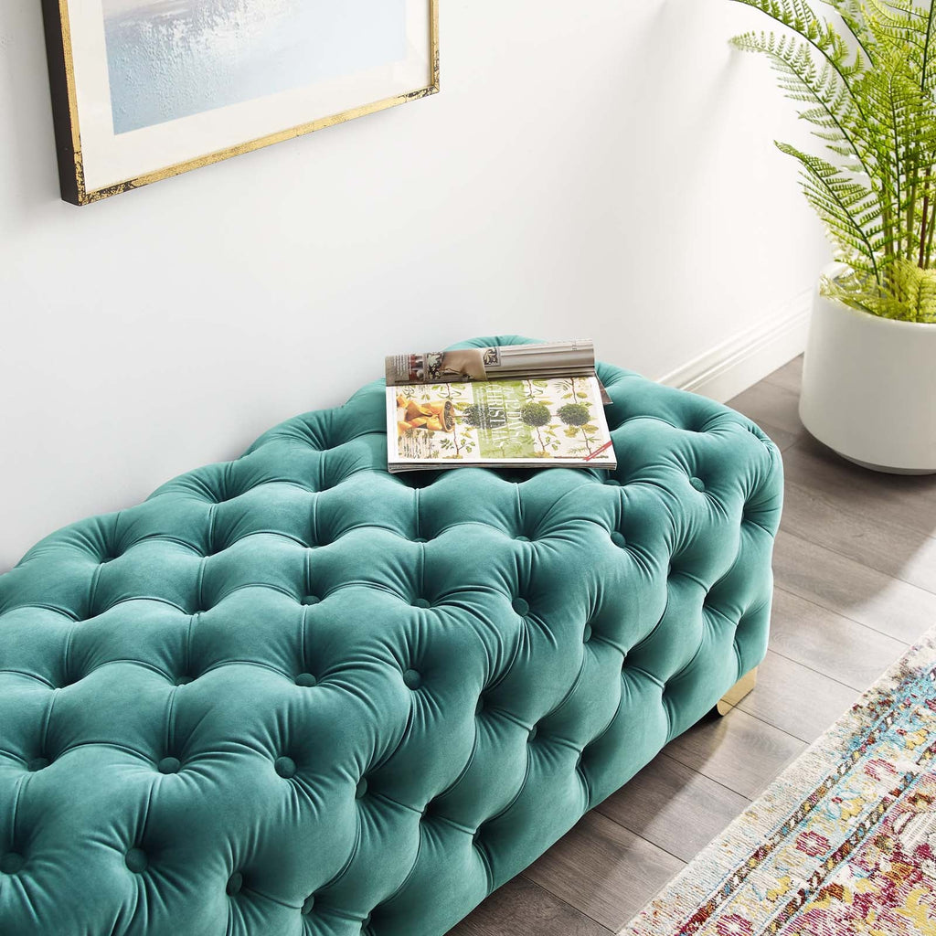 Sensible Button Tufted Performance Velvet Bench in Teal