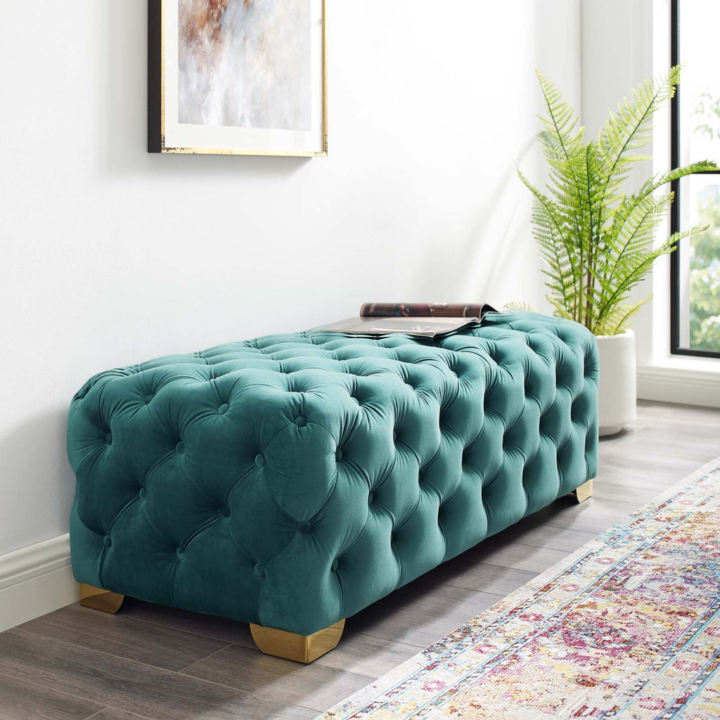 Sensible Button Tufted Performance Velvet Bench in Teal