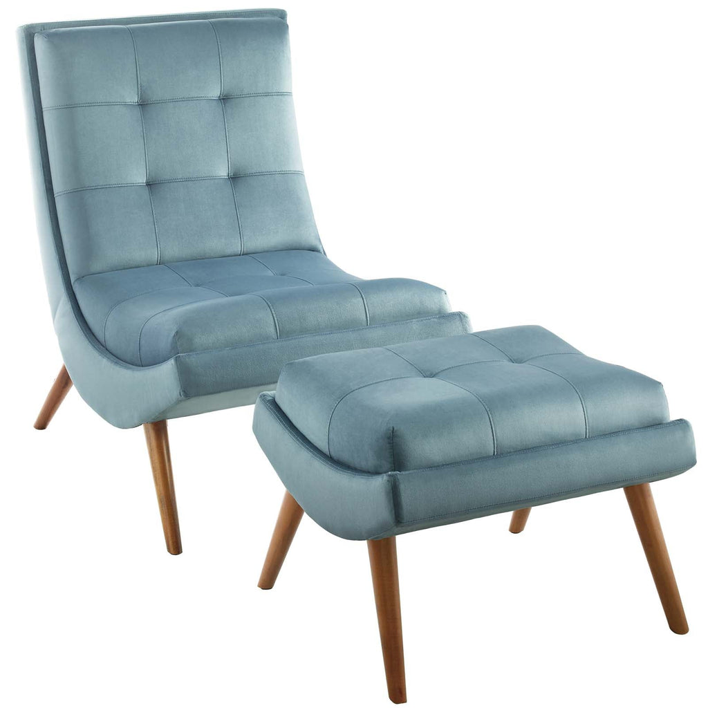 Ramp Upholstered Performance Velvet Lounge Chair and Ottoman Set in Light Blue