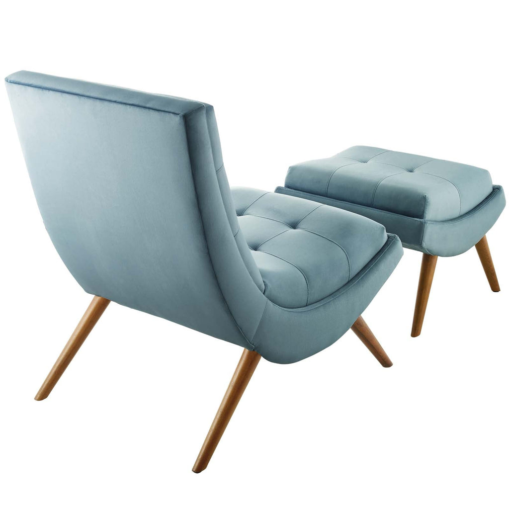 Ramp Upholstered Performance Velvet Lounge Chair and Ottoman Set in Light Blue