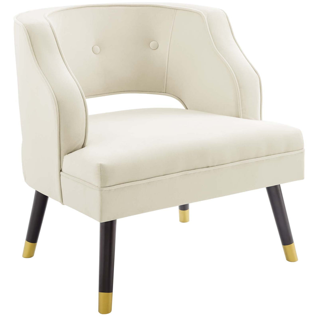 Traipse Button Tufted Open Back Performance Velvet Armchair in Ivory