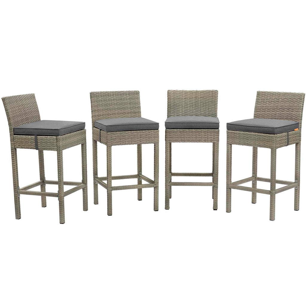 Conduit Bar Stool Outdoor Patio Wicker Rattan Set of 4 in Light Gray Charcoal