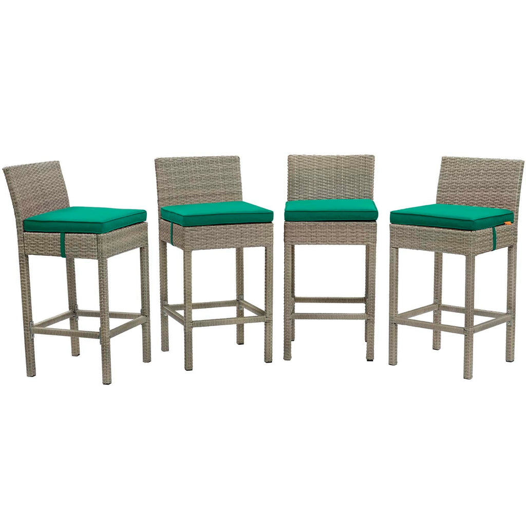 Conduit Bar Stool Outdoor Patio Wicker Rattan Set of 4 in Light Gray Green