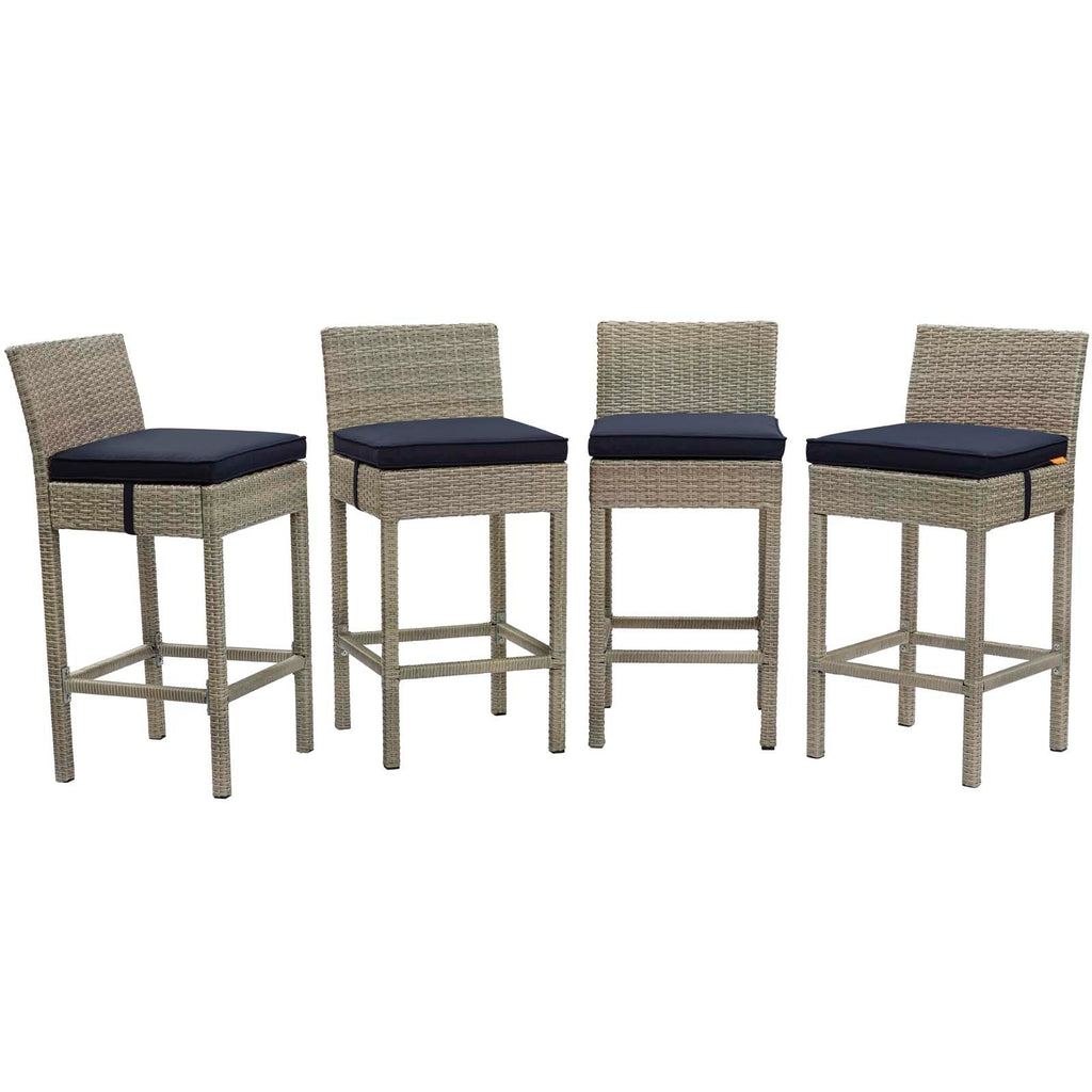 Conduit Bar Stool Outdoor Patio Wicker Rattan Set of 4 in Light Gray Navy