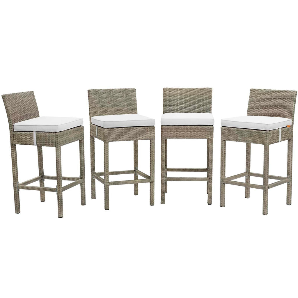 Conduit Bar Stool Outdoor Patio Wicker Rattan Set of 4 in Light Gray White