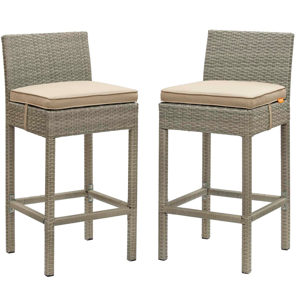 Conduit Bar Stool Outdoor Patio Wicker Rattan Set of 2 in Light Gray Beige