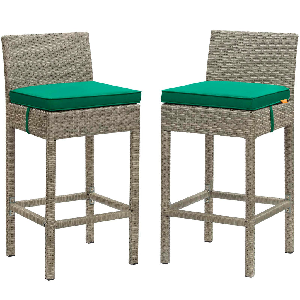 Conduit Bar Stool Outdoor Patio Wicker Rattan Set of 2 in Light Gray Green