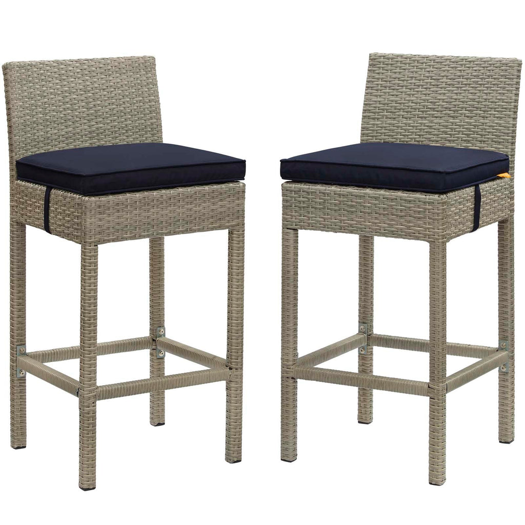 Conduit Bar Stool Outdoor Patio Wicker Rattan Set of 2 in Light Gray Navy