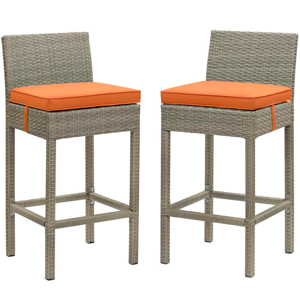 Conduit Bar Stool Outdoor Patio Wicker Rattan Set of 2 in Light Gray Orange