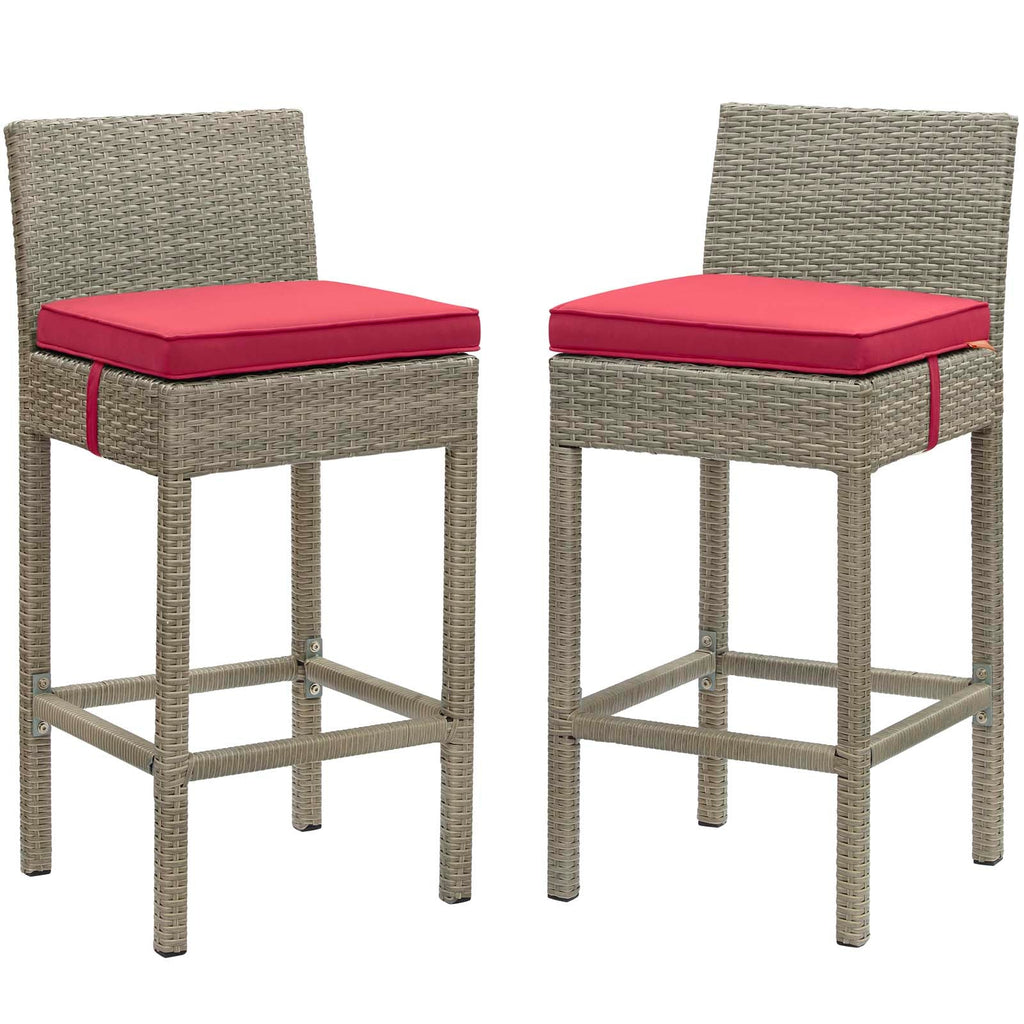 Conduit Bar Stool Outdoor Patio Wicker Rattan Set of 2 in Light Gray Red