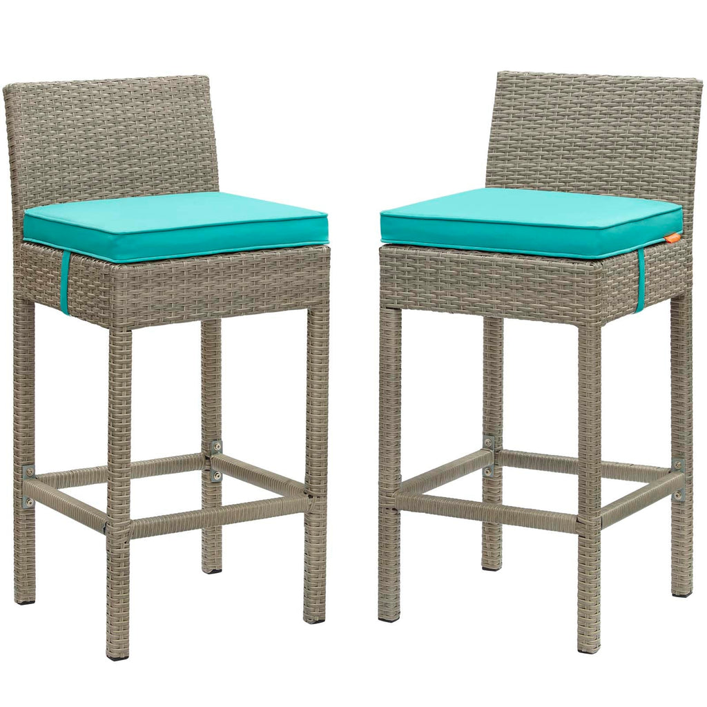 Conduit Bar Stool Outdoor Patio Wicker Rattan Set of 2 in Light Gray Turquoise