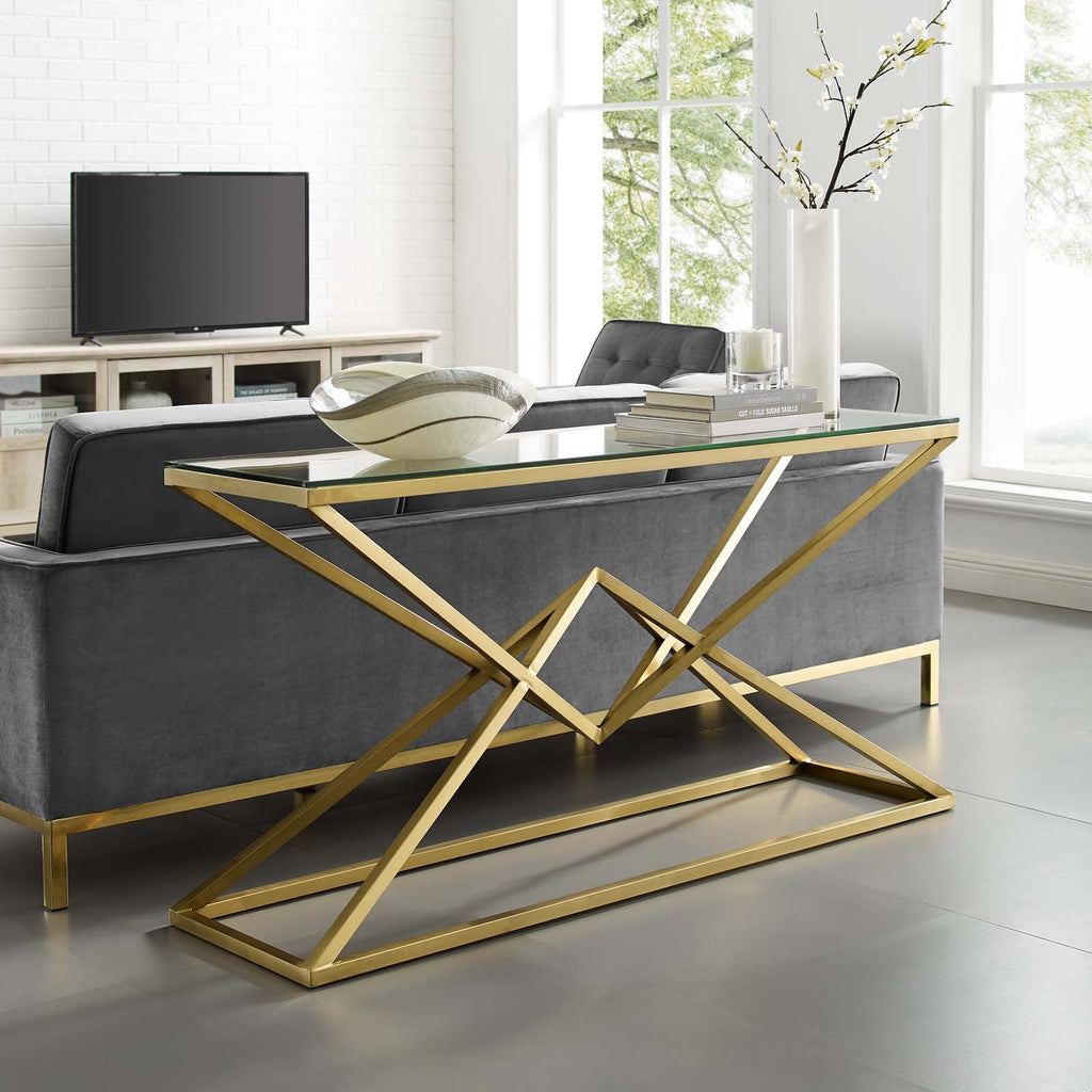 Point 59" Brushed Gold Metal Stainless Steel Console Table