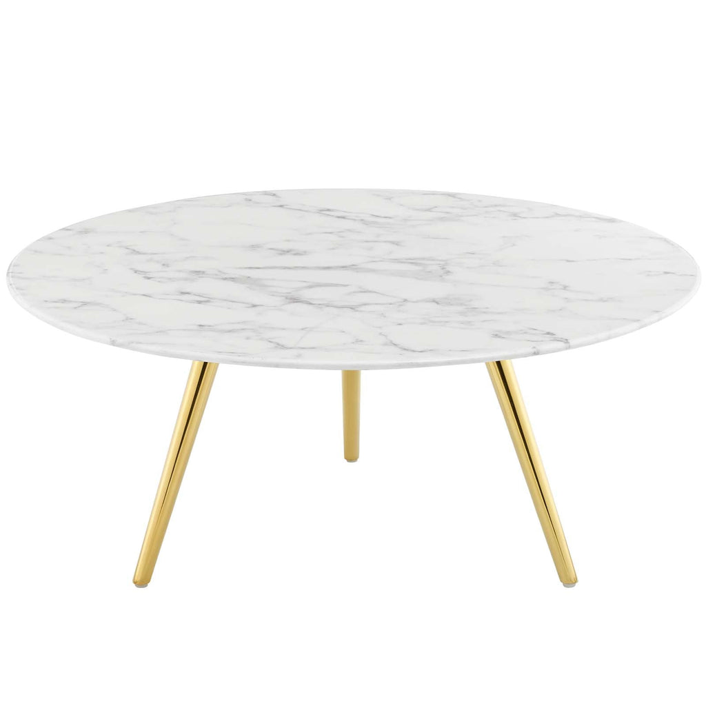 Lippa 36" Round Artificial Marble Coffee Table with Tripod Base in Gold White