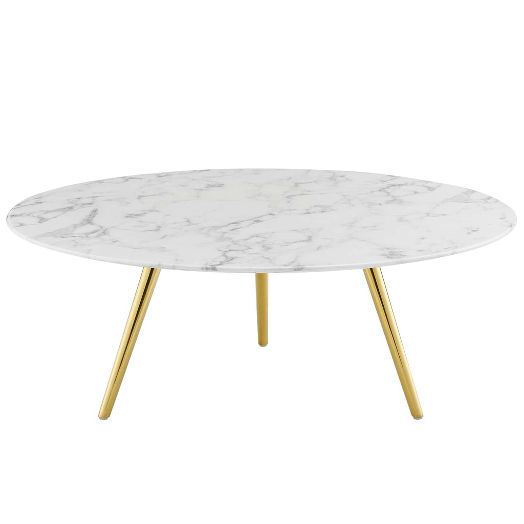Lippa 40" Round Artificial Marble Coffee Table with Tripod Base in Gold White