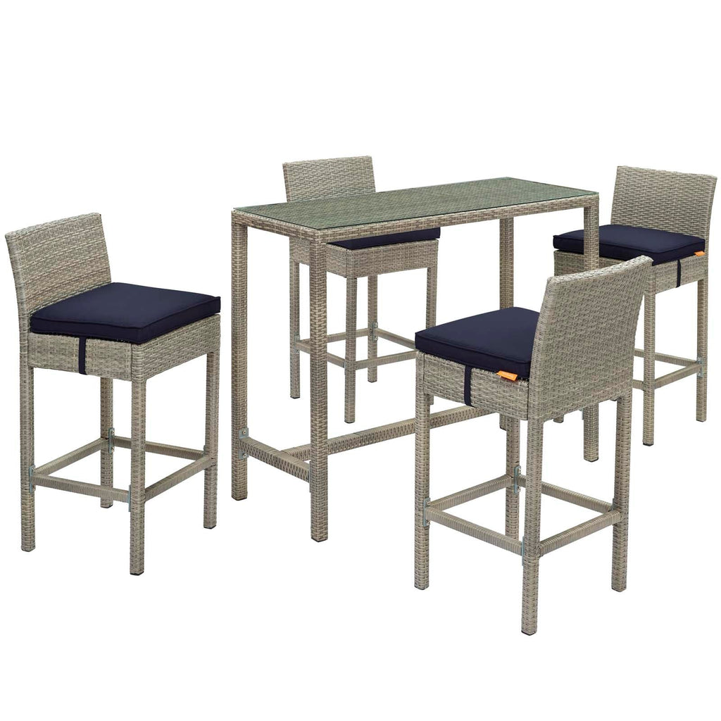 Conduit 5 Piece Outdoor Patio Wicker Rattan Set in Light Gray Navy