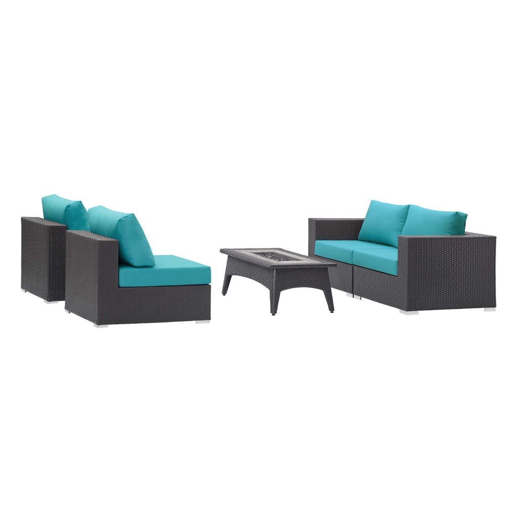 Convene 5 Piece Set Outdoor Patio with Fire Pit in Espresso Turquoise-2