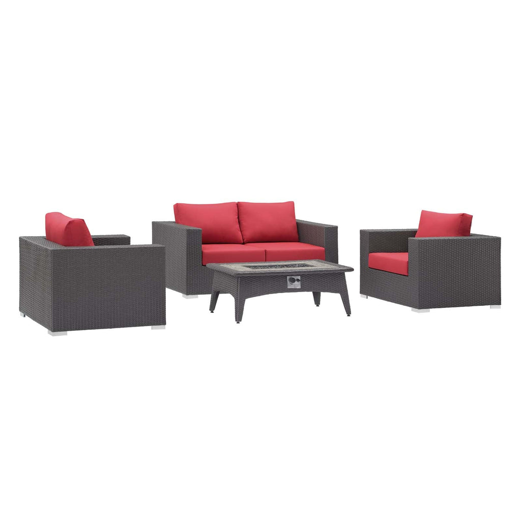 Convene 4 Piece Set Outdoor Patio with Fire Pit in Espresso Red