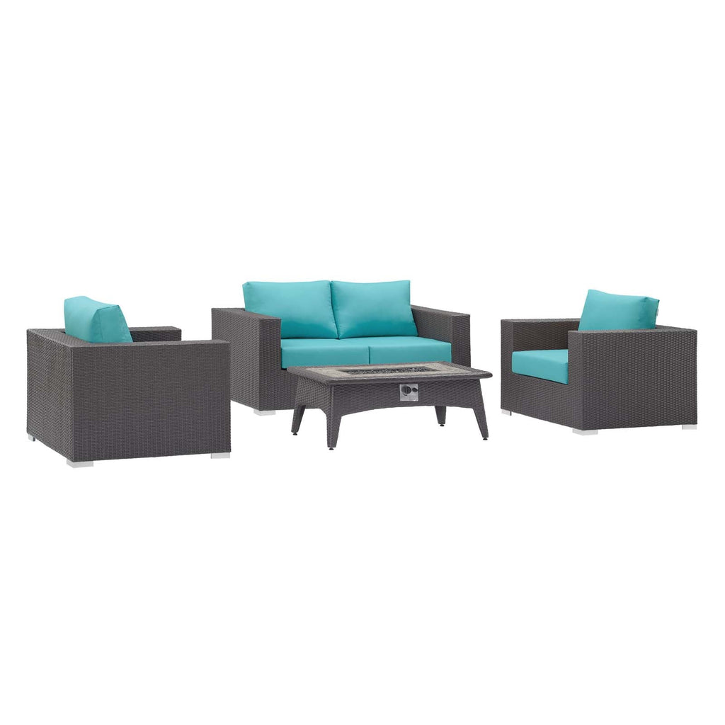 Convene 4 Piece Set Outdoor Patio with Fire Pit in Espresso Turquoise