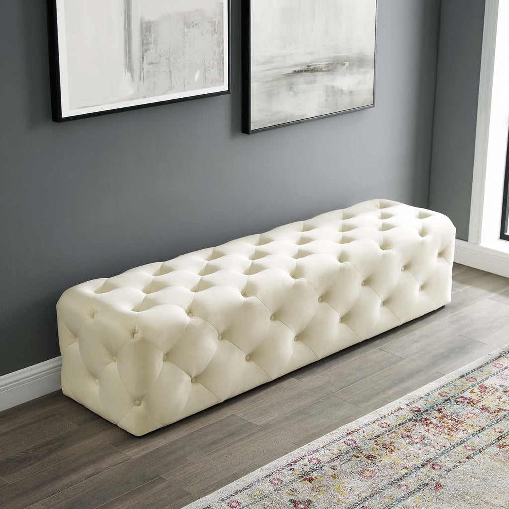 Amour 72" Tufted Button Entryway Performance Velvet Bench in Ivory