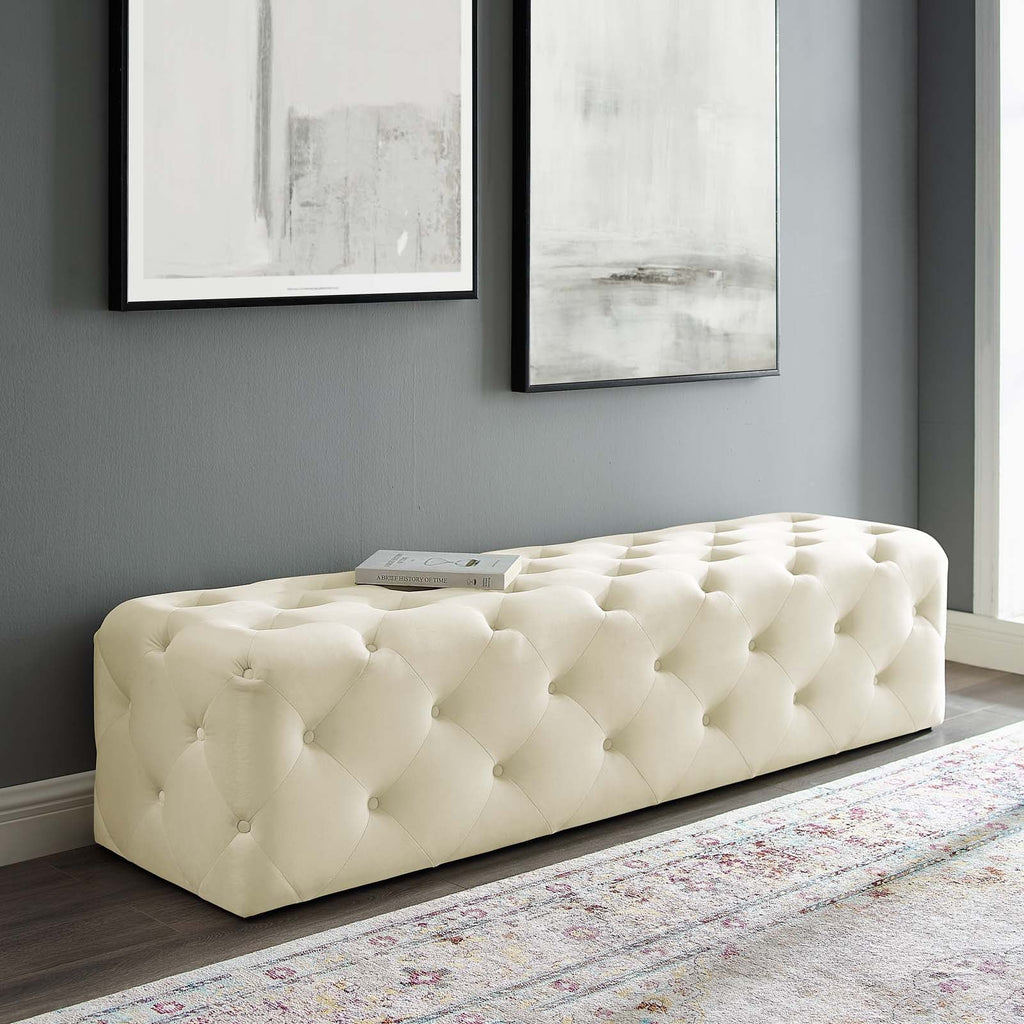 Amour 72" Tufted Button Entryway Performance Velvet Bench in Ivory