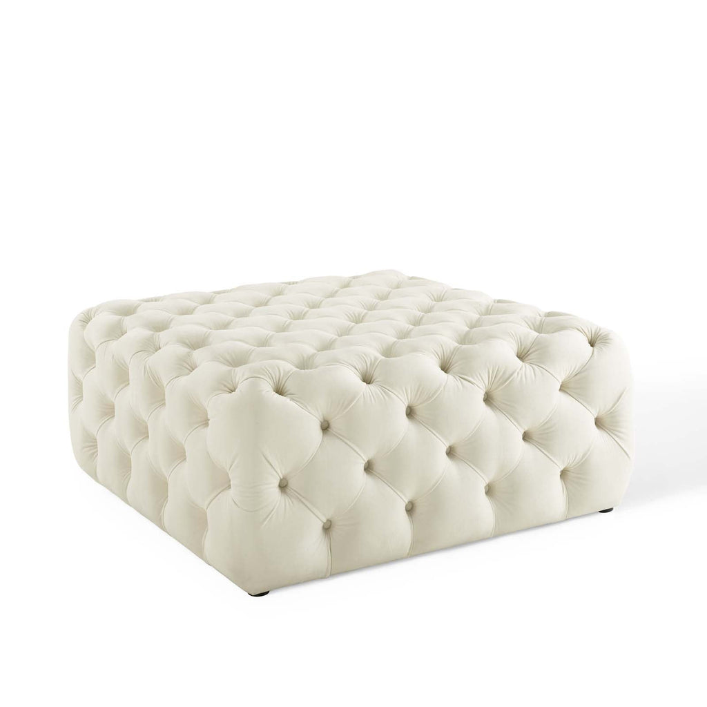 Amour Tufted Button Large Square Performance Velvet Ottoman in Ivory