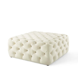 Amour Tufted Button Large Square Performance Velvet Ottoman in Ivory