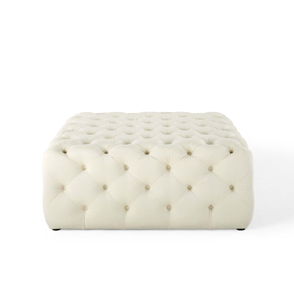 Amour Tufted Button Large Square Performance Velvet Ottoman in Ivory