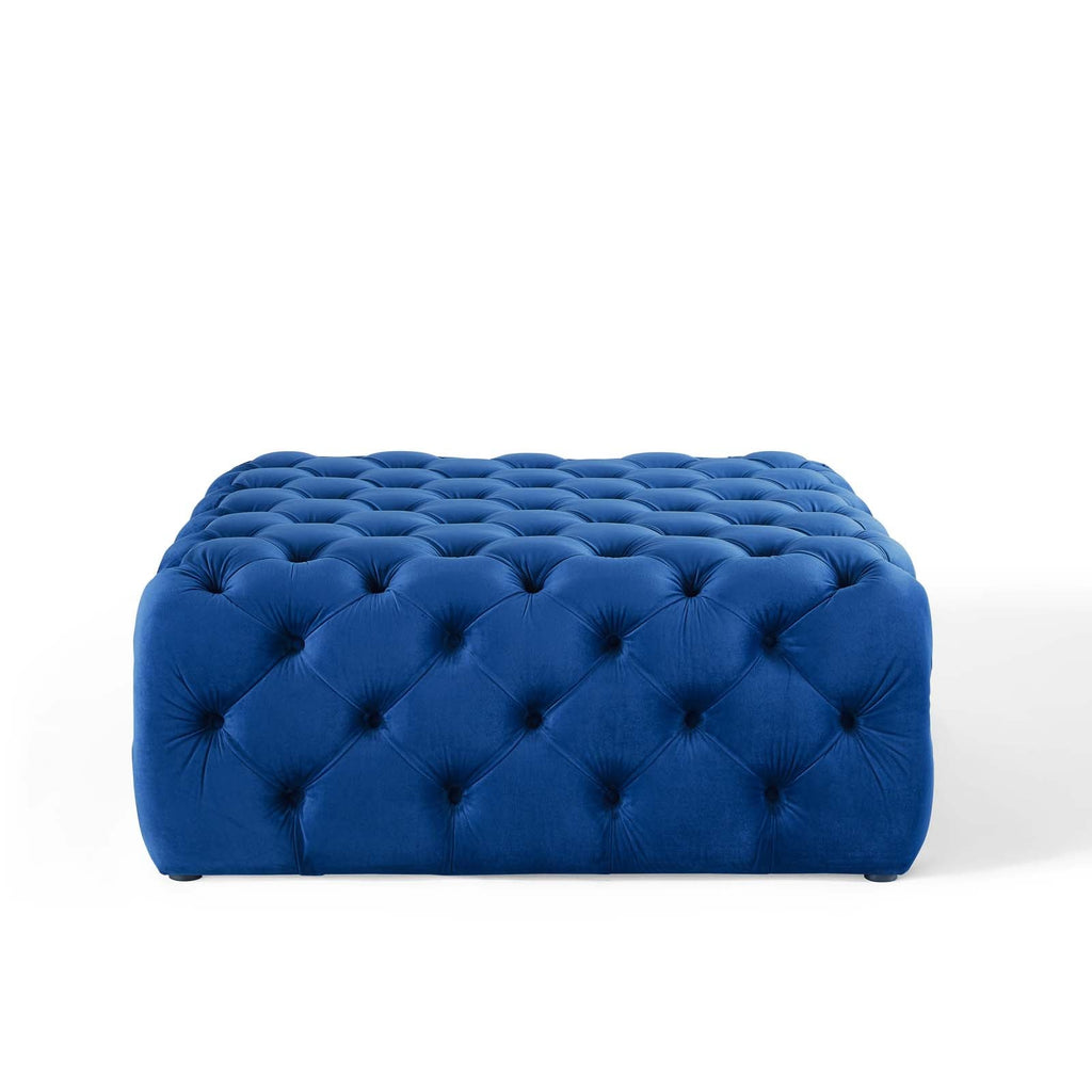 Amour Tufted Button Large Square Performance Velvet Ottoman in Navy