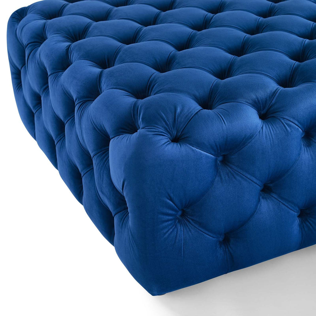 Amour Tufted Button Large Square Performance Velvet Ottoman in Navy