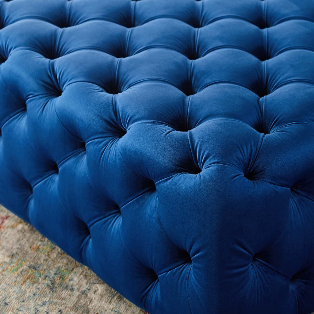 Amour Tufted Button Large Square Performance Velvet Ottoman in Navy