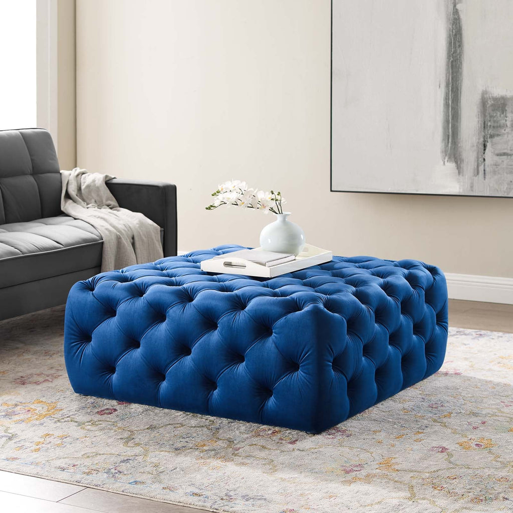 Amour Tufted Button Large Square Performance Velvet Ottoman in Navy