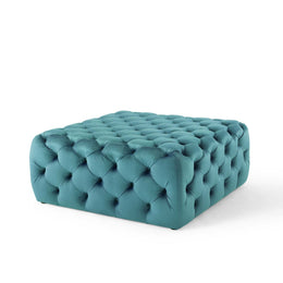 Amour Tufted Button Large Square Performance Velvet Ottoman in Sea Blue