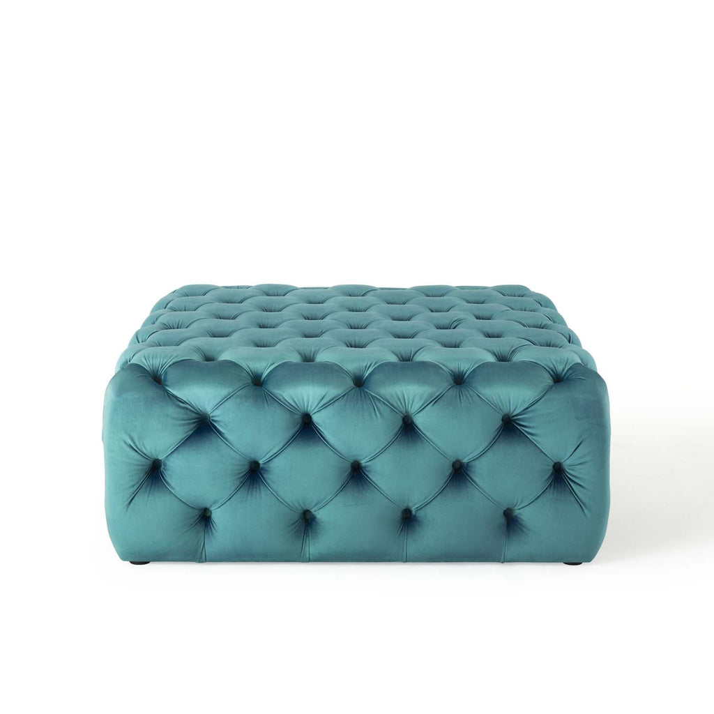 Amour Tufted Button Large Square Performance Velvet Ottoman in Sea Blue