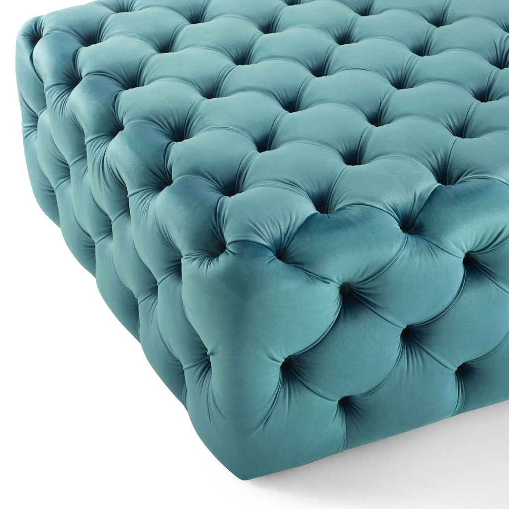 Amour Tufted Button Large Square Performance Velvet Ottoman in Sea Blue