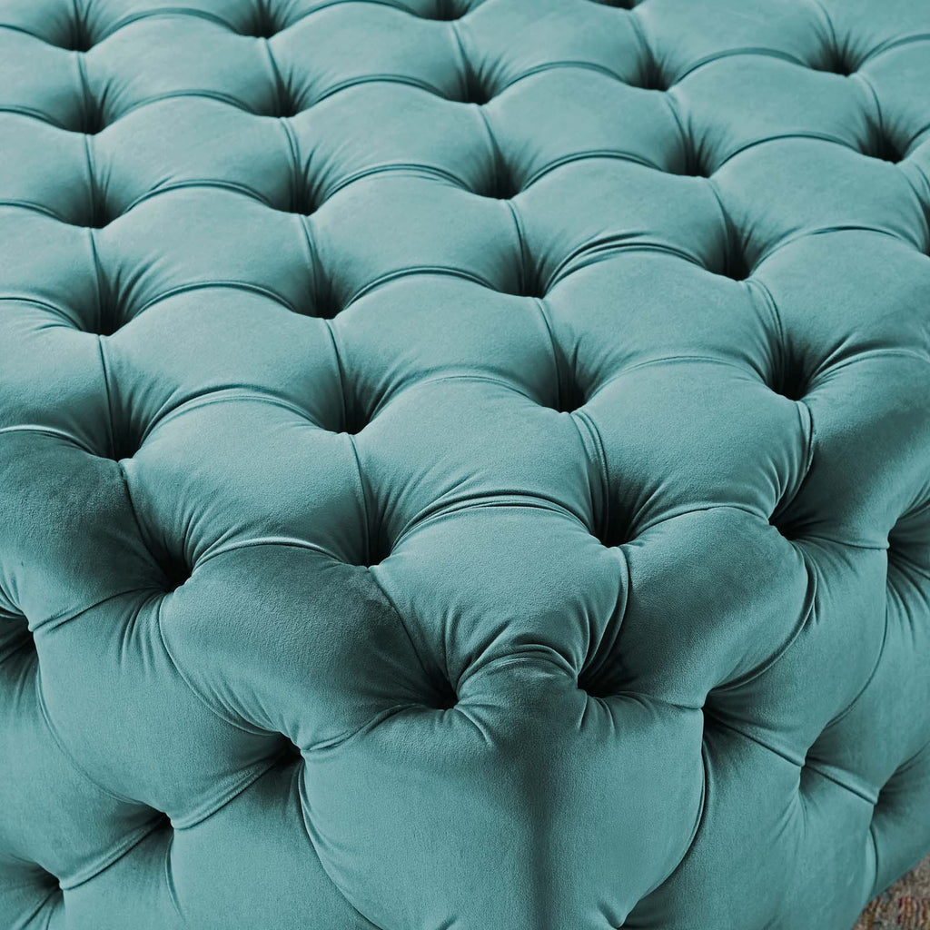 Amour Tufted Button Large Square Performance Velvet Ottoman in Sea Blue