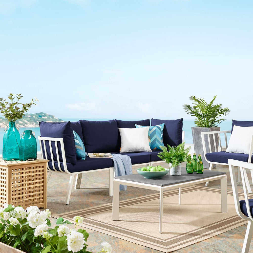 Riverside 3 Piece Outdoor Patio Aluminum Sectional Sofa Set in White Navy