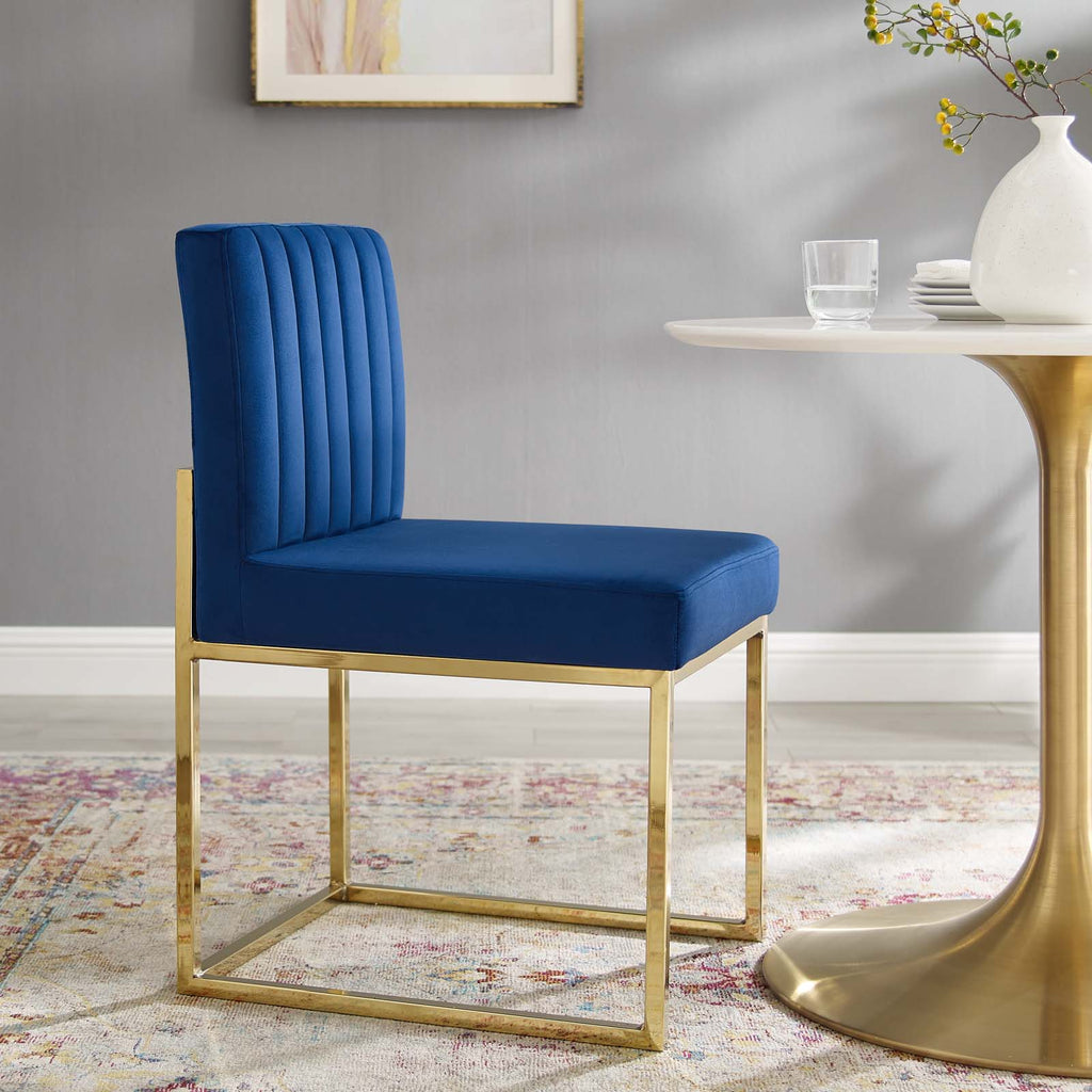 Carriage Channel Tufted Sled Base Performance Velvet Dining Chair in Gold Navy