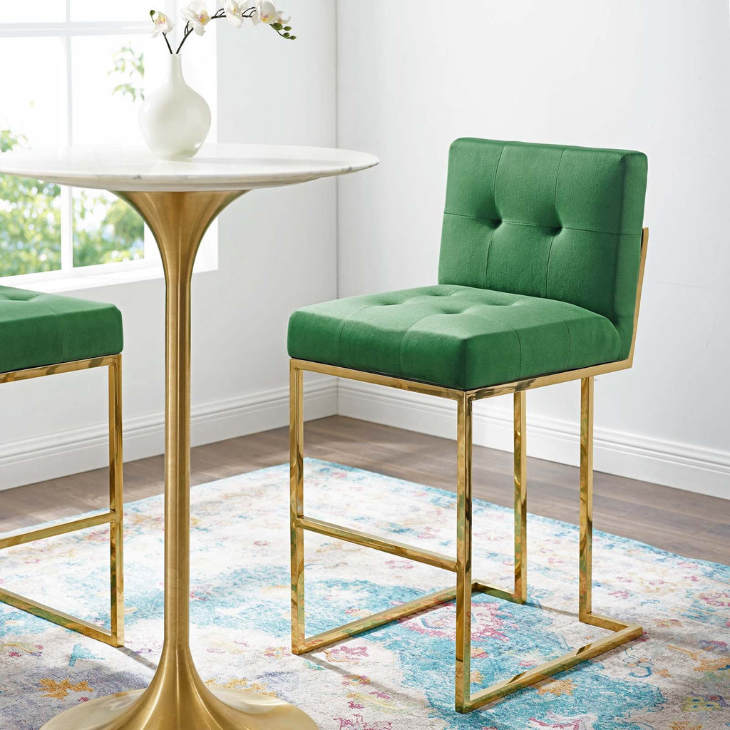 Privy Gold Stainless Steel Performance Velvet Bar Stool in Gold Emerald