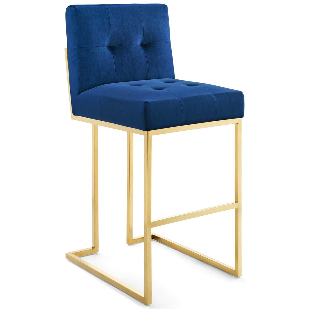 Privy Gold Stainless Steel Performance Velvet Bar Stool in Gold Navy