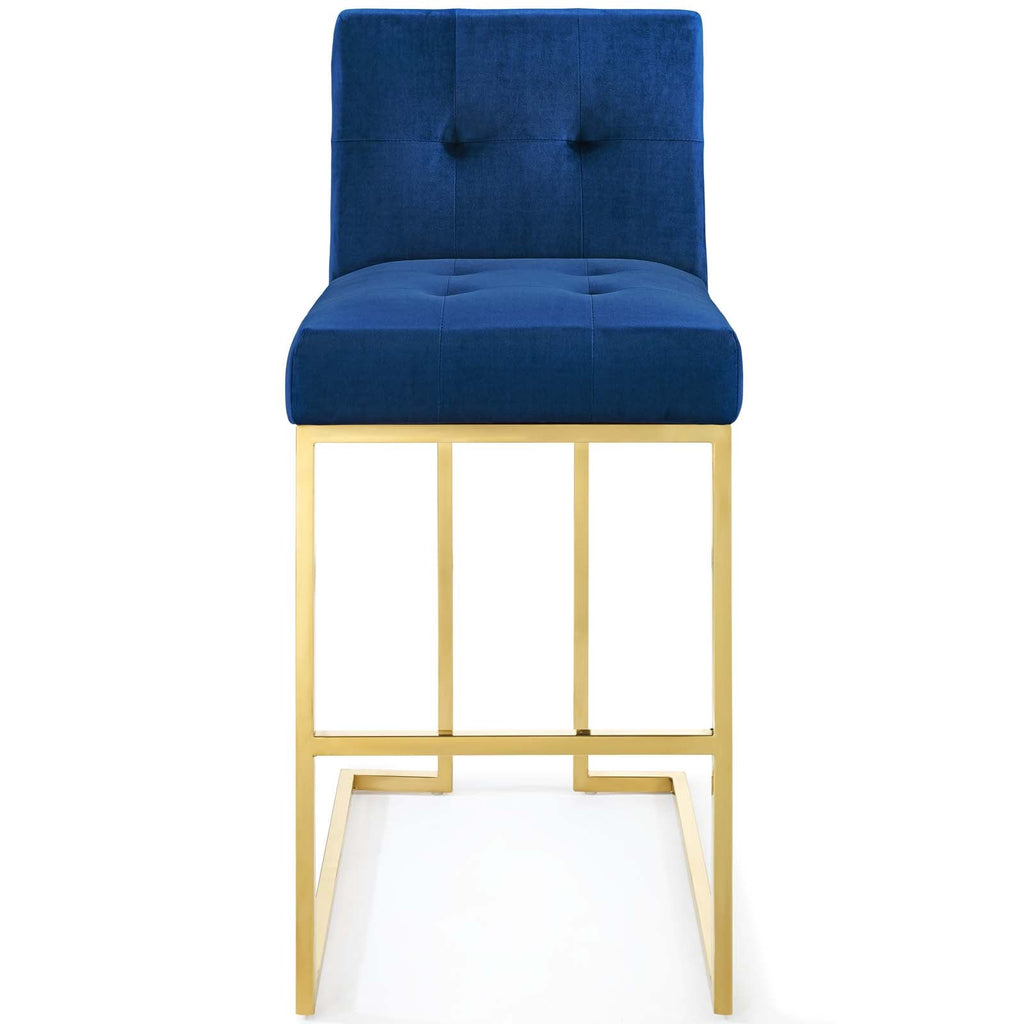 Privy Gold Stainless Steel Performance Velvet Bar Stool in Gold Navy