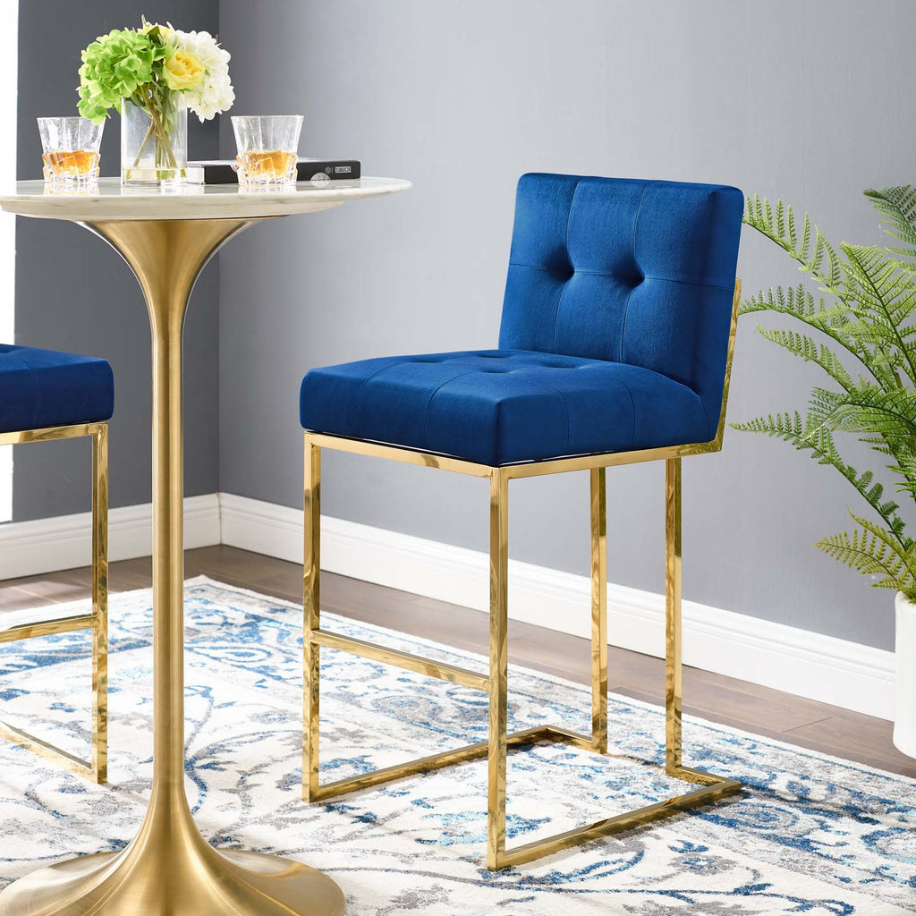 Privy Gold Stainless Steel Performance Velvet Bar Stool in Gold Navy