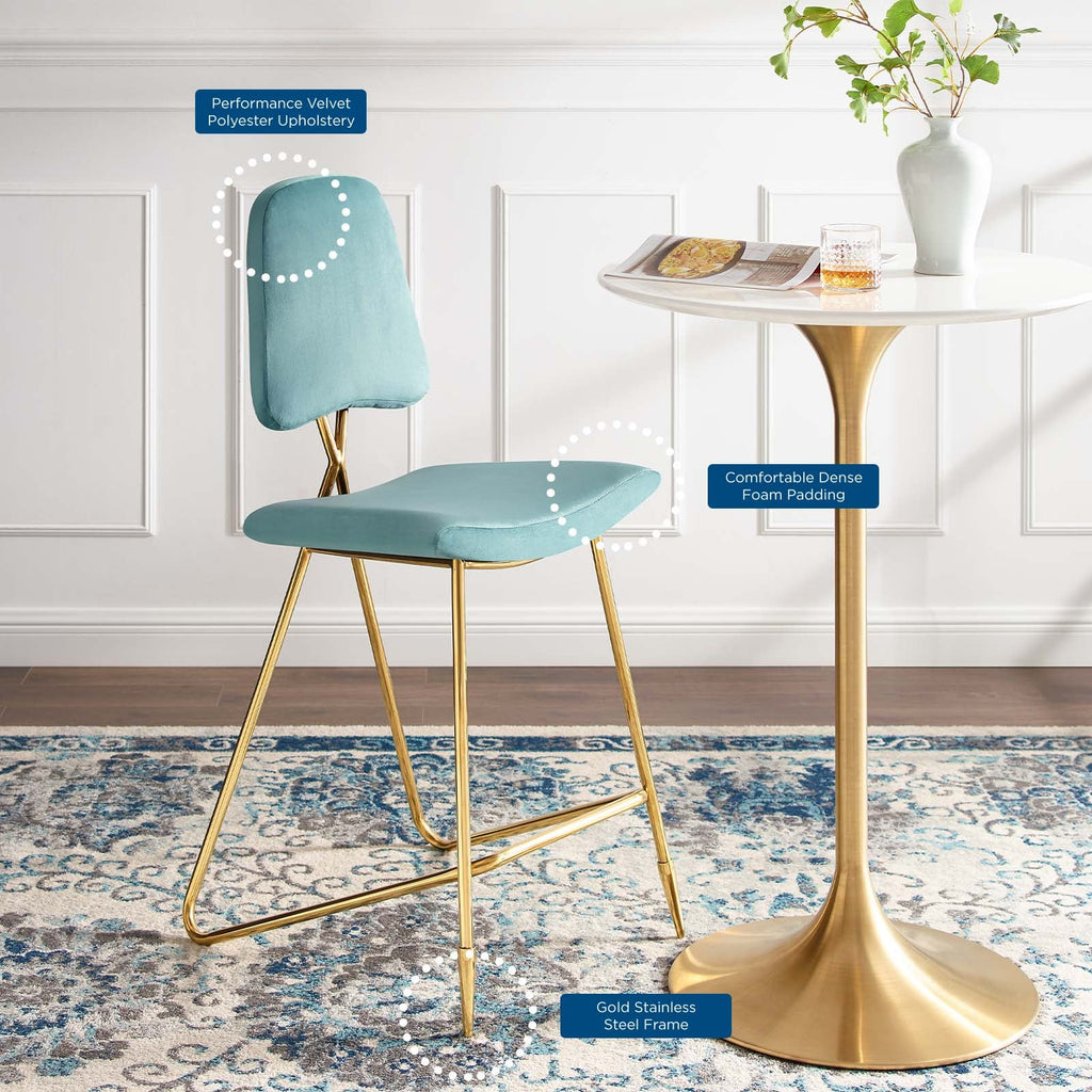 Ponder Performance Velvet Bar Stool in Sea Blue